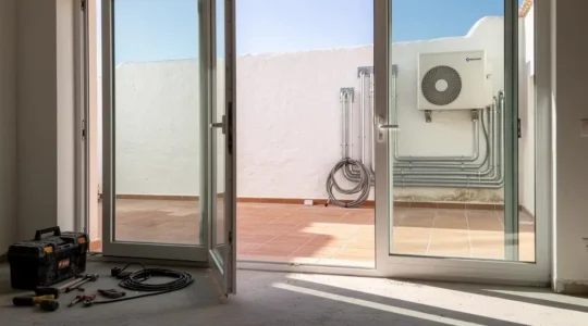 Vivienda española moderna en plena reforma mostrando distintas soluciones de climatización y eficiencia energética