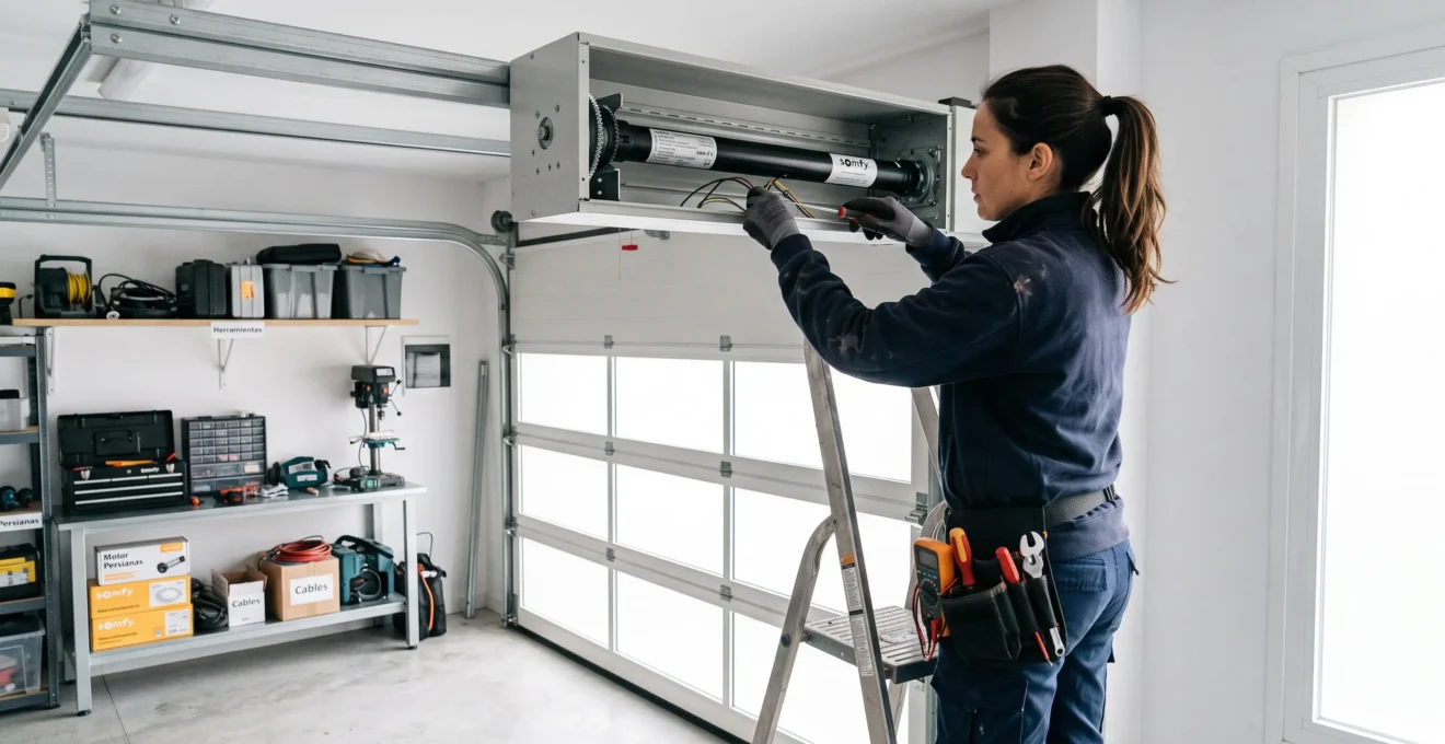 Técnico de espaldas instalando un motor tubular en el interior del cajón de una persiana enrollable de garaje en un espacio de trabajo limpio y luminoso