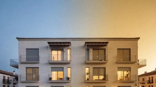 Fachada de una vivienda española moderna al atardecer con luz cálida en las ventanas, simbolizando el confort térmico equilibrado en invierno y verano