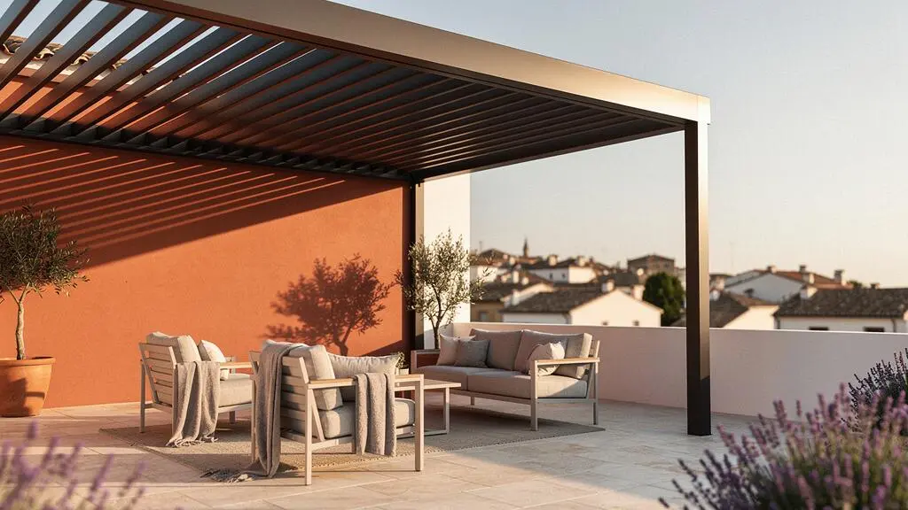 Terraza moderna española con pérgola bioclimática de lamas orientables integrada en un ambiente mediterráneo cálido