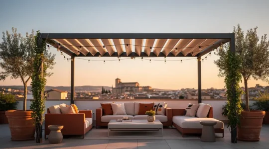 Terraza española moderna con pérgola bioclimática y protección solar lista para usarse en todas las estaciones del año