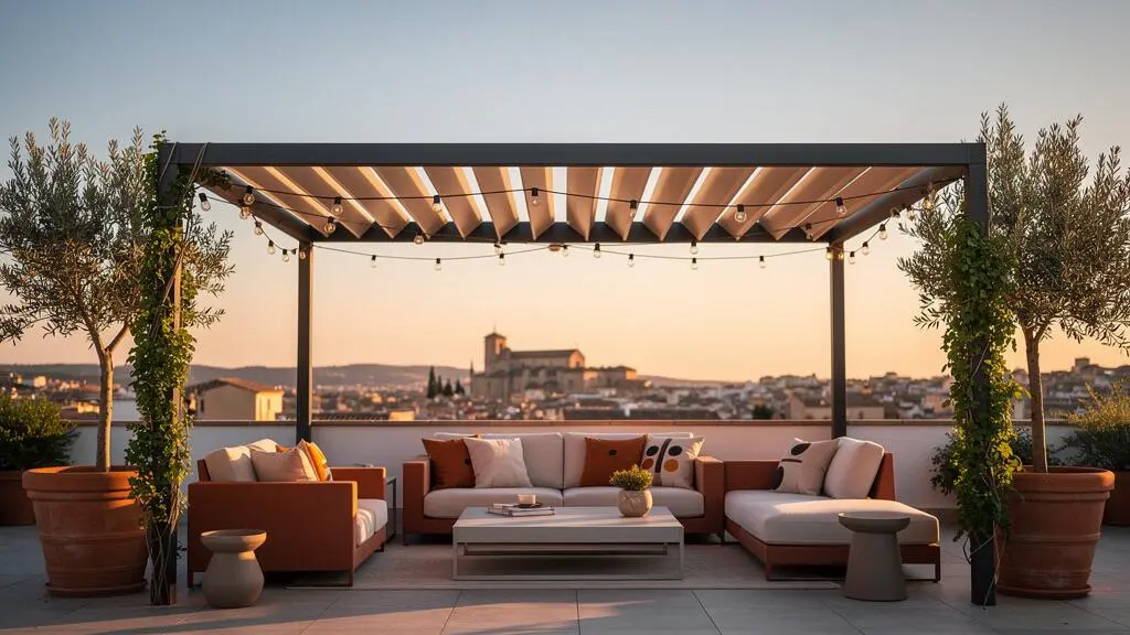 Terraza española moderna con pérgola bioclimática y protección solar lista para usarse en todas las estaciones del año