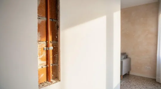 Cable de toma de tierra verde y amarillo visible tras una pared abierta en una vivienda moderna española, simbolizando la protección eléctrica invisible del hogar