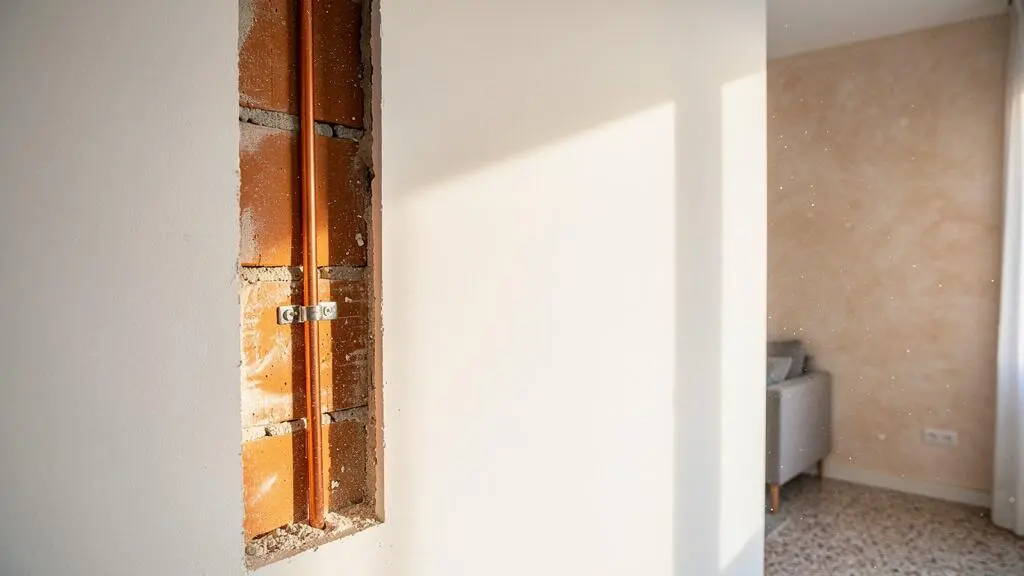 Cable de toma de tierra verde y amarillo visible tras una pared abierta en una vivienda moderna española, simbolizando la protección eléctrica invisible del hogar