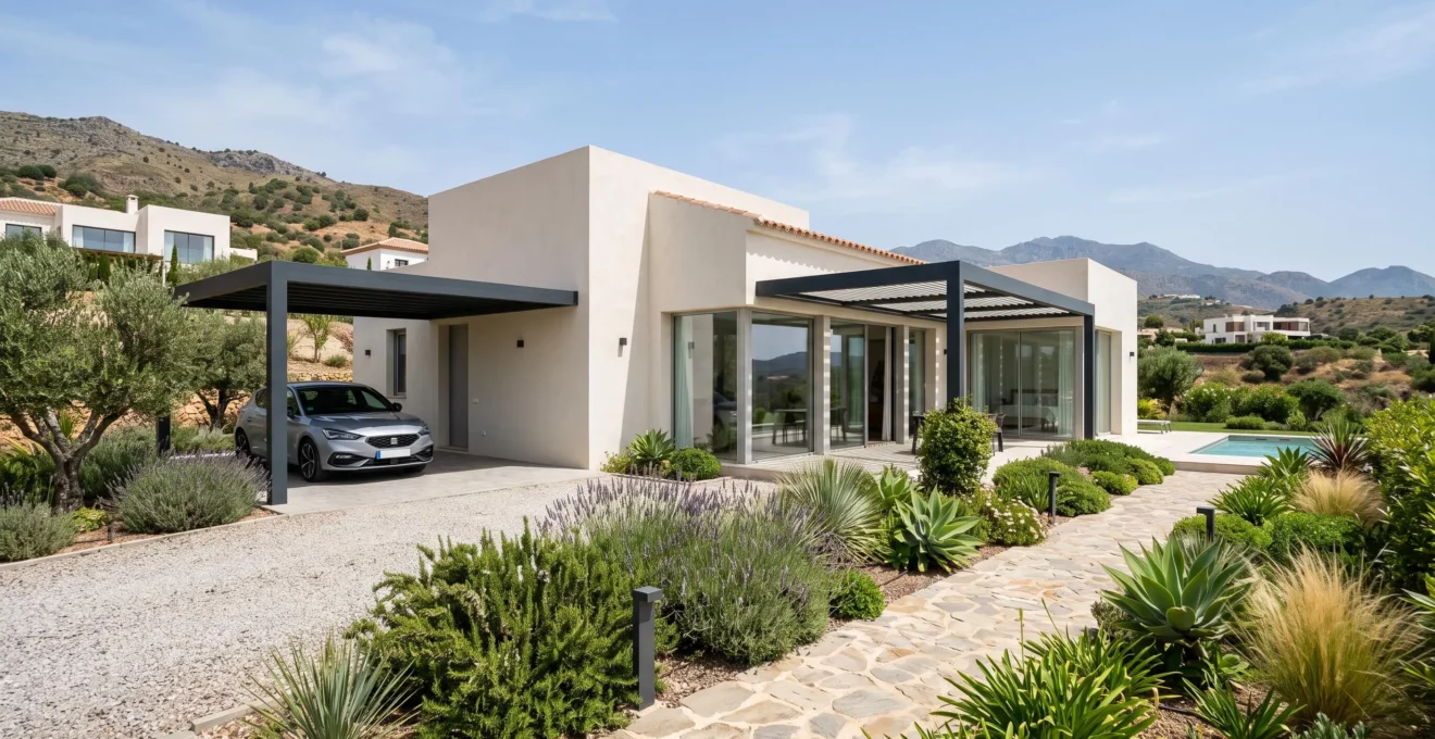 Vista de ángulo amplio de una vivienda unifamiliar española moderna con pérgola de aluminio instalada en el jardín, bajo cielo mediterráneo despejado y luz natural abundante