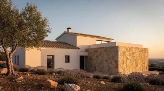 Fachada de una vivienda moderna española que combina distintos sistemas constructivos eficientes bajo luz cálida de atardecer