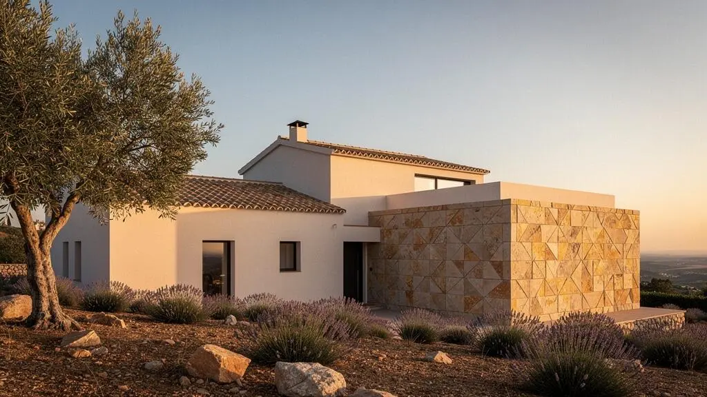 Fachada de una vivienda moderna española que combina distintos sistemas constructivos eficientes bajo luz cálida de atardecer